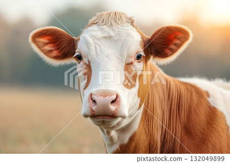 Brown and White Cow Staring with Calm Expression in Beautiful Sunset Field Background Brown and White Cow Staring with Calm Expression in Beautiful Sunset Field Background 132049899