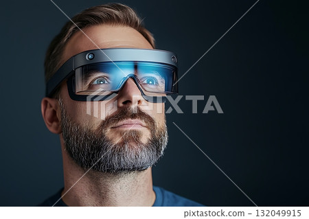 Man Wearing Futuristic Smart Glasses with Enhanced Reality Technology in Modern Setting 132049915