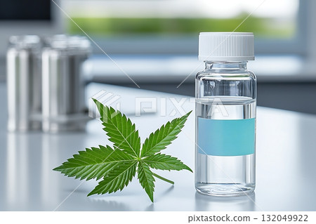 Clear glass bottle with liquid next to green cannabis leaf on modern table surface 132049922