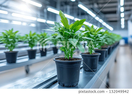 Green Potted Plants Growing in Modern Indoor Farm with Bright Lighting and Clean Environment Green Potted Plants Growing in Modern Indoor Farm with Bright Lighting and Clean Environment 132049942
