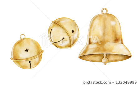 Golden watercolor bells with shiny festive texture, perfect for Christmas cards, wrapping, posters, invitations, and elegant holiday designs. 132049989