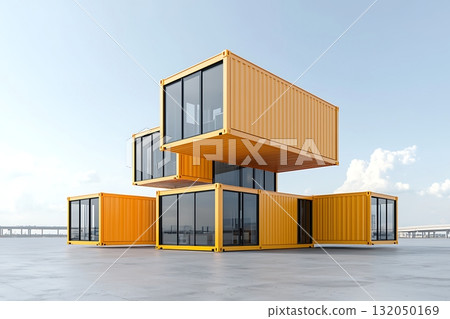 Stylish Modular Design of Stacked Yellow Shipping Containers Against Clear Blue Sky 132050169