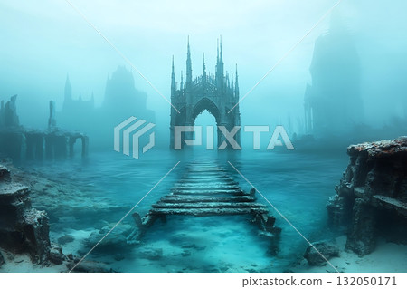 Mysterious Underwater Ruins with Gothic Architecture and Foggy Atmosphere 132050171