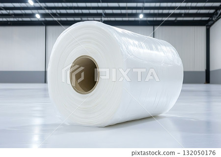 Large Roll of Transparent Plastic Film in an Industrial Warehouse Setting 132050176
