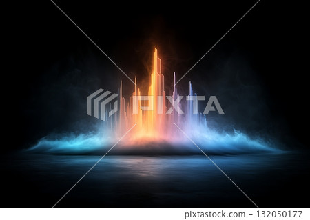Abstract colorful light display with glowing towers in a dark misty environment 132050177