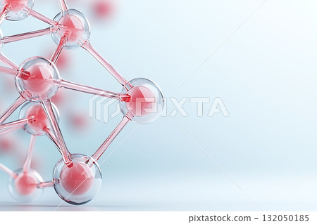 Abstract molecular structure with pink atoms and transparent bonds on soft blue background 132050185