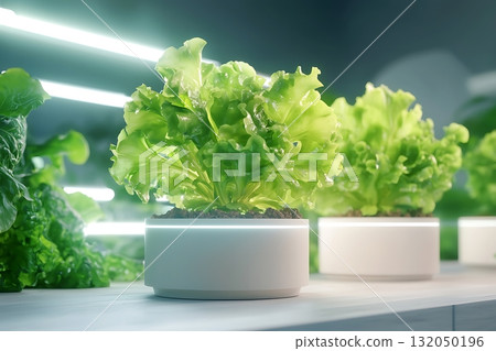 Fresh Green Lettuce Grown in Modern Hydroponic System Under Bright LED Lights Fresh Green Lettuce Grown in Modern Hydroponic System Under Bright LED Lights 132050196