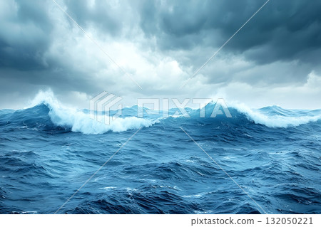 Dramatic Ocean Waves Under Stormy Sky with Cloudy Atmosphere and Turbulent Water Surface 132050221