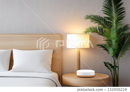 Modern bedroom interior with a wooden bed, lamp, plant, and stylish decor elements Modern bedroom interior with a wooden bed, lamp, plant, and stylish decor elements 132050229