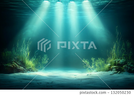 Ethereal Seabed with Soft Light Beams Illuminating Underwater Vegetation 132050230