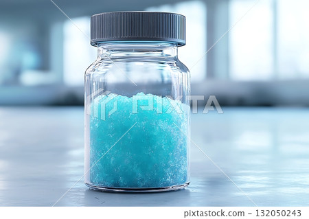 Transparent jar filled with light blue granules on a clean laboratory surface 132050243