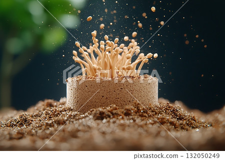 Delicate Mushrooms Erupting from Soil with Dust Particles Floating in Soft Light 132050249