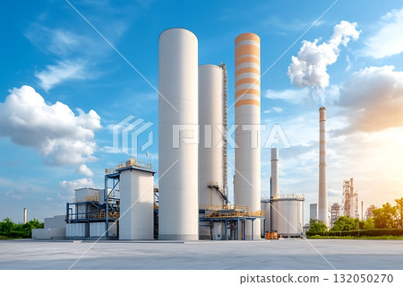Modern Industrial Facility with Large Storage Tanks and Smokestacks under Blue Sky Modern Industrial Facility with Large Storage Tanks and Smokestacks under Blue Sky 132050270