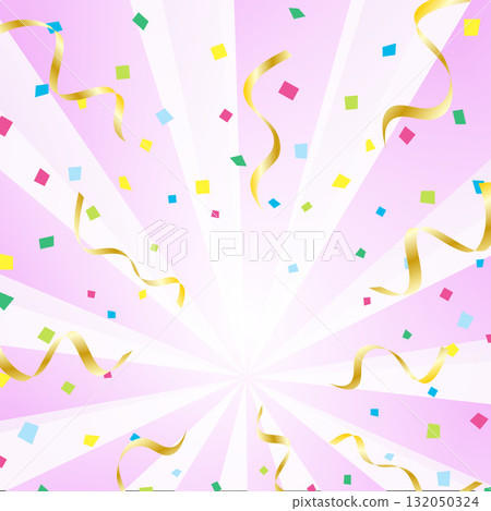 粉紅色背景上五彩繽紛的五彩紙屑和金絲帶的祝賀焦點線 132050324