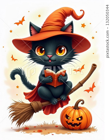 A cute black cat witch reading a magic spellbook while flying on a broomstick. Adorable and whimsical Halloween character with a jack-o'-lantern, isolated on a white background. A cute black cat witch reading a magic spellbook while flying on a broomstick. Adorable and whimsical Halloween character with a jack-o'-lantern, isolated on a white background. 132050344