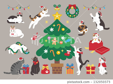 Illustration of a cute cat enjoying Christmas 132050373