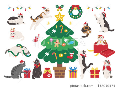 Illustration of a cute cat enjoying Christmas 132050374