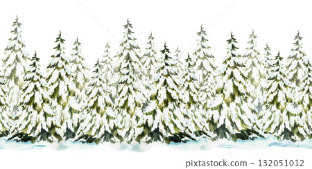 Spruce tree snow covered seamless border. Snowy winter Christmas fir forest. Hand drawn watercolor illustration isolated pattern from background. Clipart for holiday fabric, Xmas wallpaper, packaging. Spruce tree snow covered seamless border. Snowy winter Christmas fir forest. Hand drawn watercolor illustration isolated pattern from background. Clipart for holiday fabric, Xmas wallpaper, packaging. 132051012