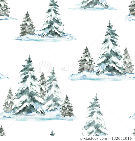 Winter Landscape with snow covered green spruces firs seamless pattern. Snowy Christmas trees, snowdrifts and frosty evergreen forest. Hand drawn watercolor illustration isolated from the background. 132051016