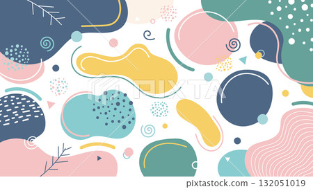 abstract colorful background pattern with pastel geometric and organic shapes in pink yellow blue and teal scattered on white for modern design texture art wallpaper and creative projects 132051019
