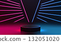 futuristic technology background with neon pink and blue lighting, black cylindrical podium on reflective surface, sci fi concept for product showcase, presentation, digital design, modern innovation 132051020