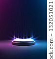 futuristic technology podium glowing white circular stage with pink blue gradient lights and digital data beams rising in dark background for product showcase mockup or tech presentation scene 132051021