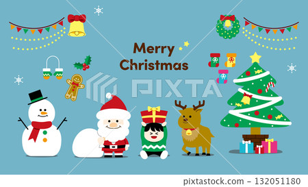 Cute Christmas illustration set (Santa, reindeer, presents, tree, snowman) with text and background 132051180