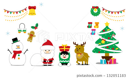 可愛的聖誕插圖集（聖誕老人、馴鹿、禮物、樹、雪人）無文字、無背景 132051183