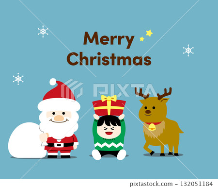 可愛的聖誕插圖集（聖誕老人、馴鹿、禮物），帶有文字和背景 132051184
