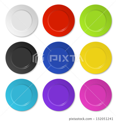 Vector 3d Realistic Colorful Dinner Plate Set. Round Plate Collection. Top View Plate Mockup, Isolated. Vector Tableware for Restaurant Menu, Food Styling, Branding, Packaging Vector 3d Realistic Colorful Dinner Plate Set. Round Plate Collection. Top View Plate Mockup, Isolated. Vector Tableware for Restaurant Menu, Food Styling, Branding, Packaging 132051241