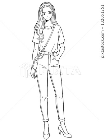 休閒時尚女性的線條畫 休閒時尚女性的線條畫 132051251