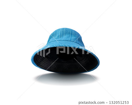 Blue striped open bucket hat on a white background. Blue striped open bucket hat on a white background. 132051253