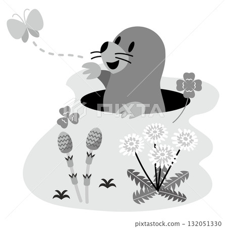 Cute mole and spring flowers monochrome 132051330