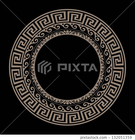 Greek round frame. Patterns of Greece and ancient Rome. Vector round gold classic frame. Greek meander. Circle european border. Round antique border from Greek. Decorative element for design 132051359