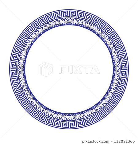 Round frame with Greek ornament. Circle porcelain plate with arabesques, floral ornament. Greek key, floral meander. Patterns of Greece, ancient Rome. For textile, embroidery, porcelain, laser cutting 132051360