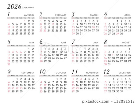 2026 年曆 - 簡單橫向 2026 年曆 - 簡單橫向 132051512