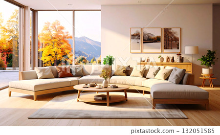 Inclusive family living room: Multi level furniture, warm tones, soft daylight, accessibility design Inclusive family living room: Multi level furniture, warm tones, soft daylight, accessibility design 132051585