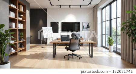 Creative design studio with a wooden desk, ergonomic chair, and track lighting. Include a presentation wall with mounted TV for Creative design studio with a wooden desk, ergonomic chair, and track lighting. Include a presentation wall with mounted TV for 132051741