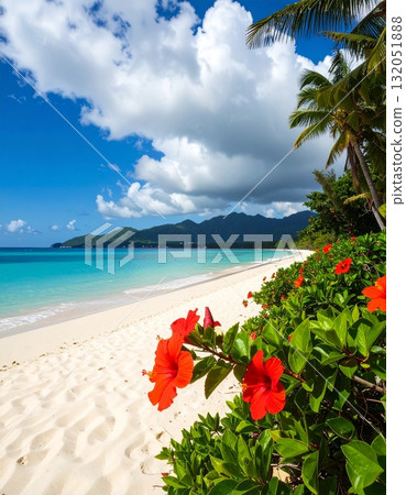 [AI-generated image] Tropical cumulonimbus clouds, ocean, and hibiscus 132051888