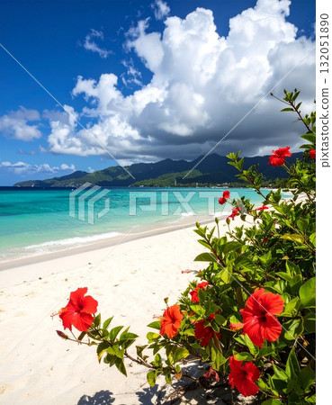 [AI 生成的圖像] 熱帶積雨雲、海洋和芙蓉花 132051890