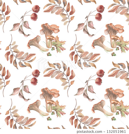 Seamless autumn forest pattern with assorted mushrooms, wild apples and foliate. Hand painted watercolor fall design in neutral tones for holiday stationery, organic branding and seasonal gift wrap. 132051961