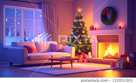 Cozy Living Room with Fireplace and Christmas Decor 132052301