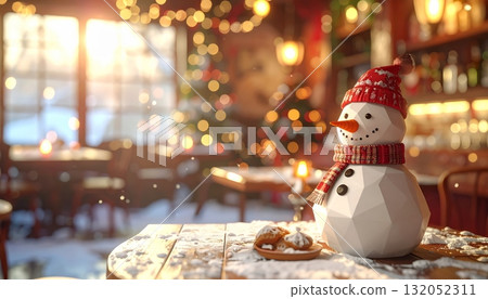 Snowman in Vintage Cafe at Christmas 132052311