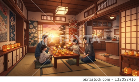Family enjoying Japanese-style Halloween decorations on an autumn evening 132052416