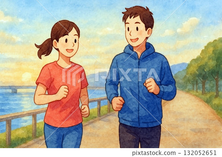 黃昏時分，男女跑者沿著河邊奔跑－健康雙人慢跑 132052651