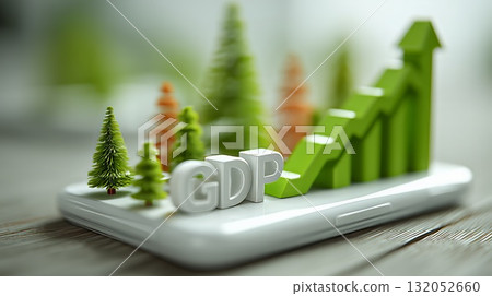 Green economy concept showing increasing GDP with trees and a rising chart on a smartphone, representing sustainable growth and environmental investment 132052660