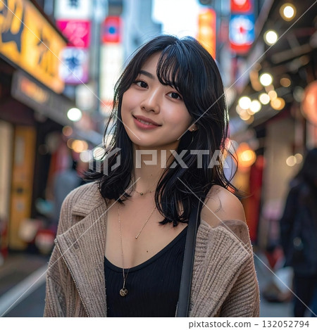 這是一幅充滿自然氣息的肖像畫，周圍是城市的燈光，畫中人露出了溫柔的微笑，頭髮在風中飄揚。 132052794