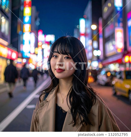夜晚的城市燈光照亮了一幅平靜的微笑和柔和的氛圍的美麗肖像。 132052795