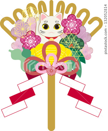 Auspicious rake, beckoning cat with pine, bamboo and plum Auspicious rake, beckoning cat with pine, bamboo and plum 132052814