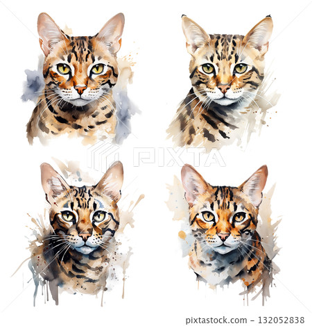 Four watercolor style portraits of Bengal cat heads in natural brown and black tones, with soft paint splatters and washes. Pet. 132052838